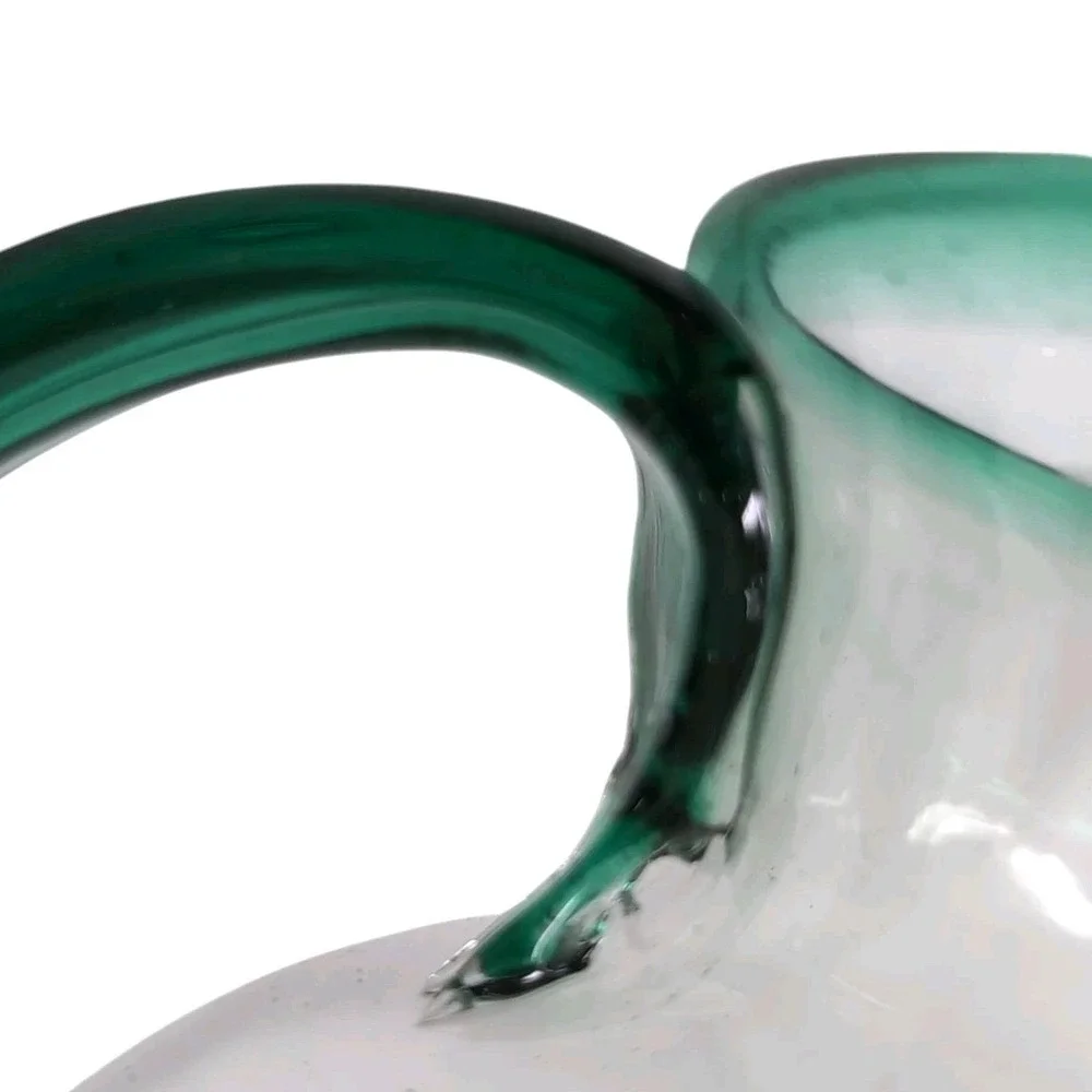 Mexican Hand Blown Glass Margarita Pitcher Vase Clear/Emerald Green Rim & Handle
